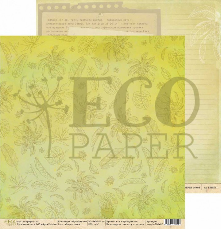 Double-sided sheet of paper EcoPaper Tropicana "Sketches" size 30.5*30.5 cm, 250g