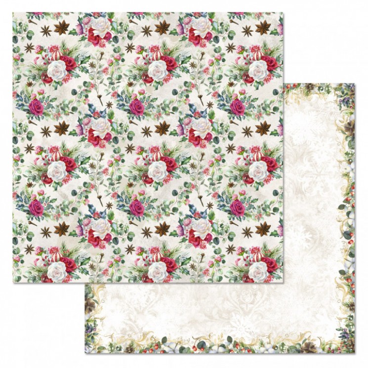Double-sided sheet of ScrapMania paper "Bohemian Christmas. Roses and cinnamon", size 30x30 cm, 180 g/m2