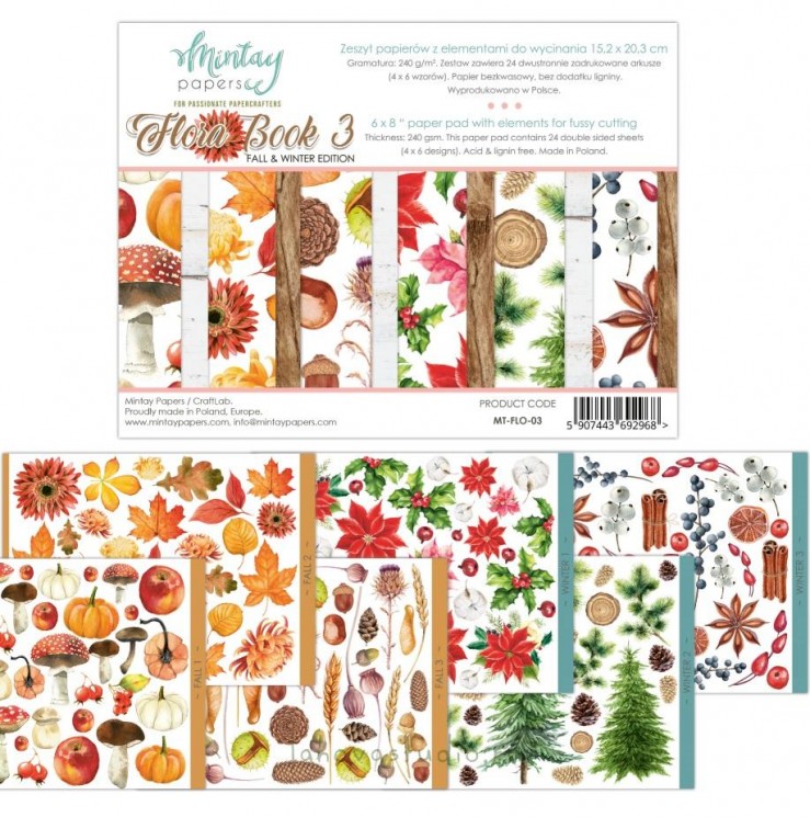 1/4 Set of double-sided Mintay Papers "Flora Book 3", 6 sheets, size 15x20 cm, 240 gr/m2