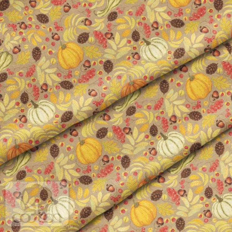 Fabric 100% cotton Poland "Pumpkin cones on brown", size 50X50 cm
