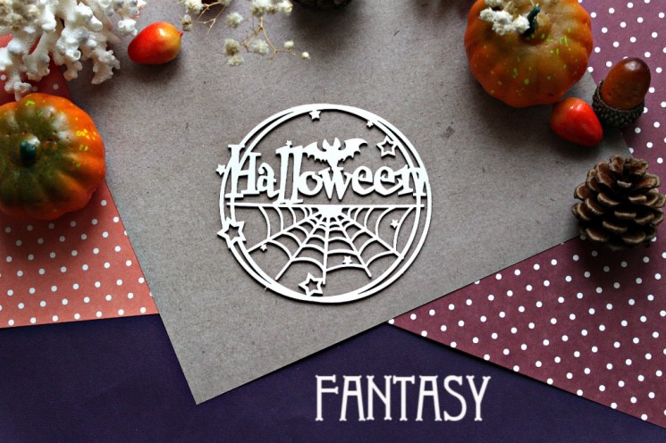 Fantasy chipboard "Halloween inscription in a frame with a spider web 891" size 8.3*9 cm