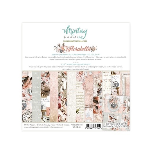 1/4 Set of double-sided Mintay Papers "Florabella", 6 sheets, size 15x15 cm, 240 g /m2
