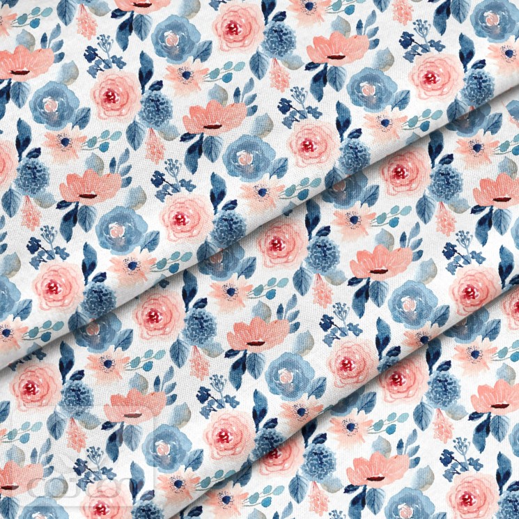 Fabric 100% cotton Poland "Pink and blue flowers", size 50X50 cm