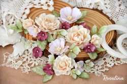 Набор цветов из ткани ручной работы Rosalina "На седьмом небе", 20 цветочков + 8 листочков, размер от 2 см до 4.5 см