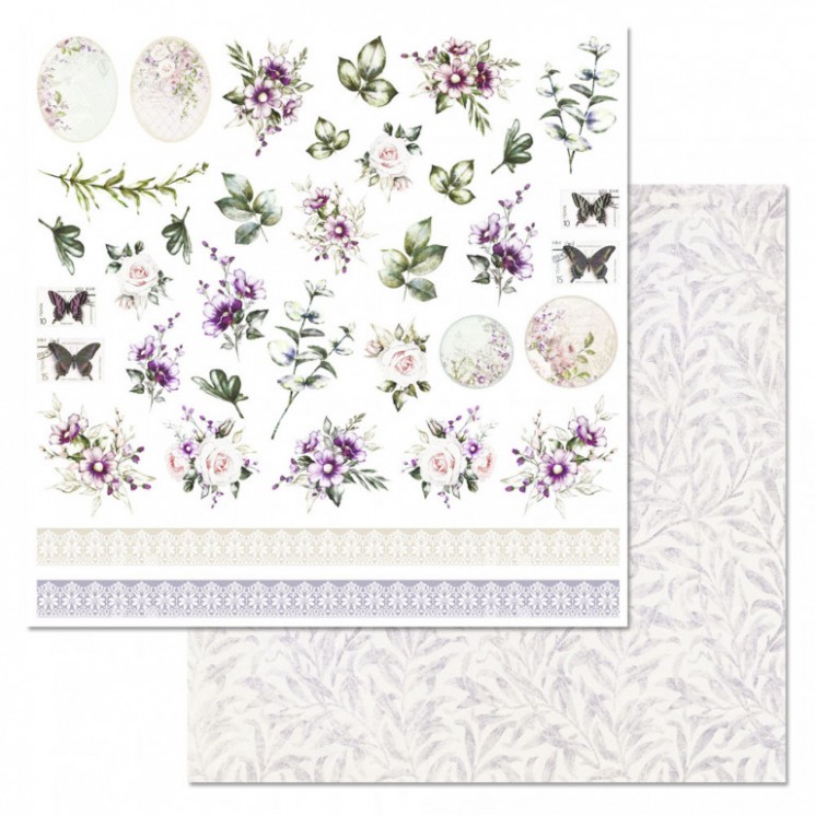 Double-sided sheet of ScrapMania paper " Flower veil. Flowers and borders", size 30x30 cm, 180 g/m2
