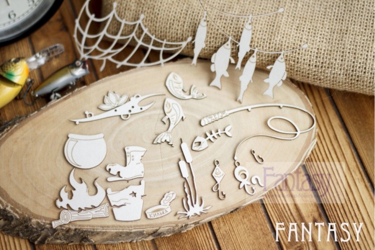 Chipboard Fantasy "Fisherman's Kit" size from 0. 5x1. 3 cm to 9x7. 5 cm