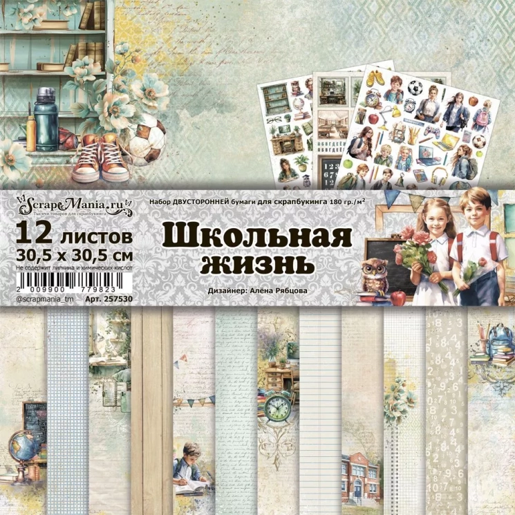 Двусторонний набор бумаги 30,5х30,5 см "Школьная жизнь", 12 листов, 180 гр (ScrapMania)