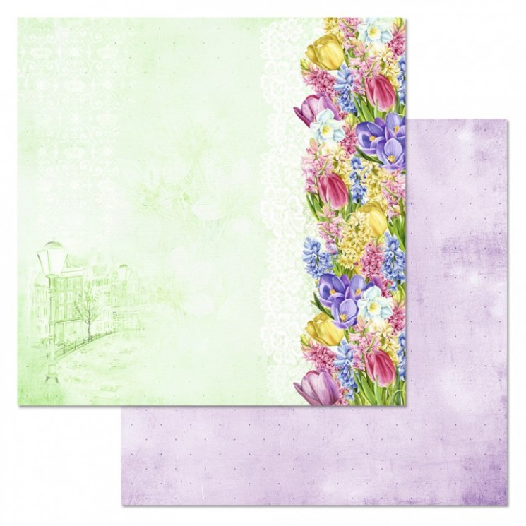 Double-sided sheet of ScrapMania paper "Time of tulips. Sketches of spring", size 30x30 cm, 180 g/m2