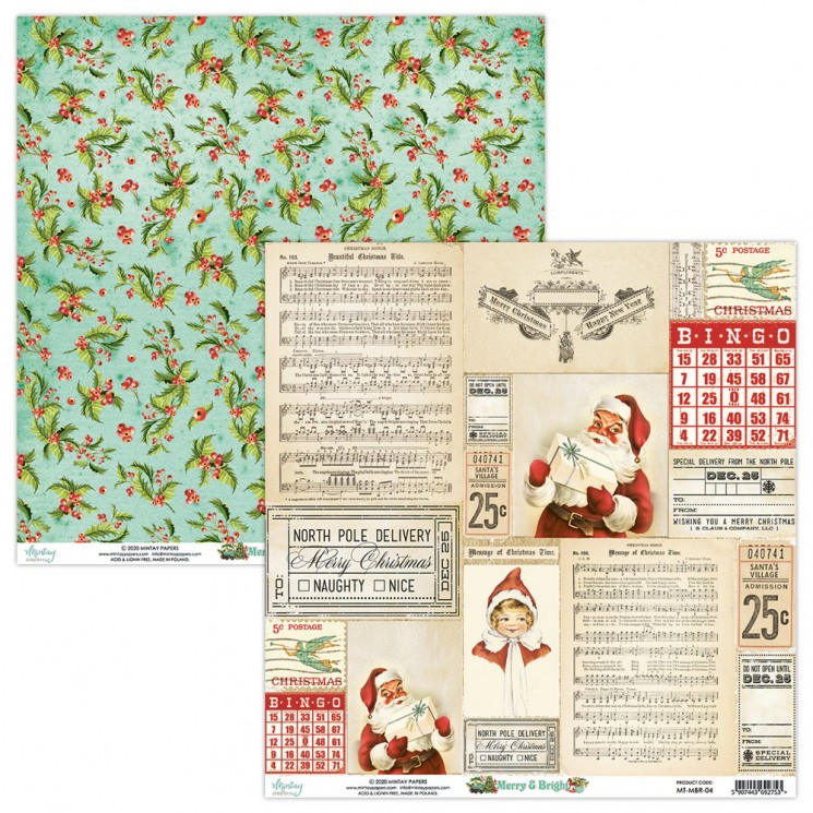 Double-sided sheet of Mintay Papers "Merry & Bright No. 4", size 30. 5X30. 5 cm, density 250 g/m2
