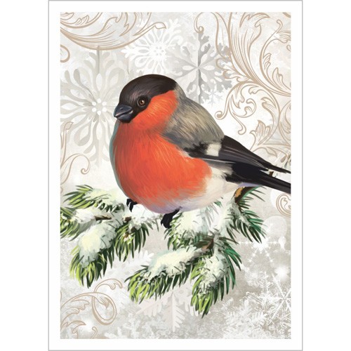 Fabric card "New Year's forest. Bullfinch " size 6.5*9 cm 
