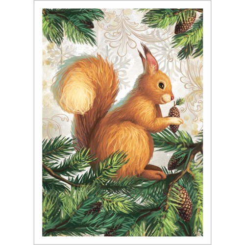 Fabric card "New Year's forest. Squirrel" size 6.5*9 cm 