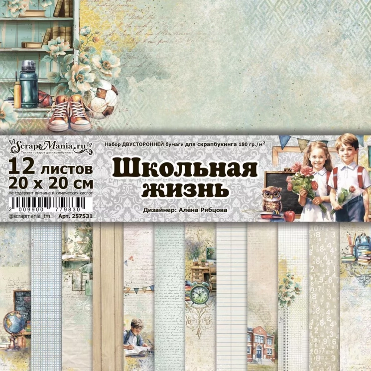 Двусторонний набор бумаги 20х20 см "Школьная жизнь", 12 листов, 180 гр (ScrapMania)