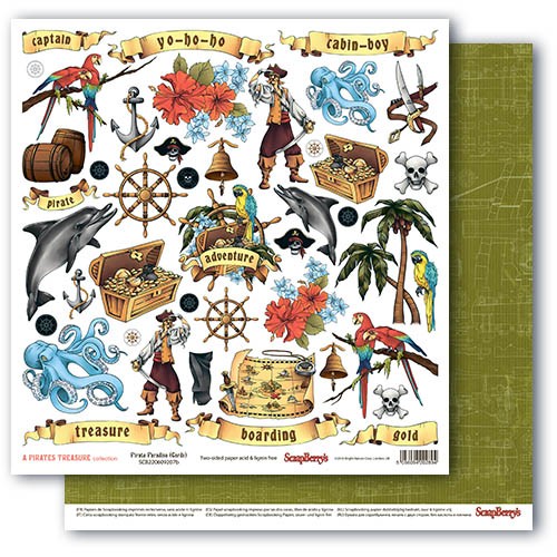 Double-sided sheet of paper Scrapberry's Treasure of pirates "Cards", size 30x30 cm, 190 g /m2 (ENG)