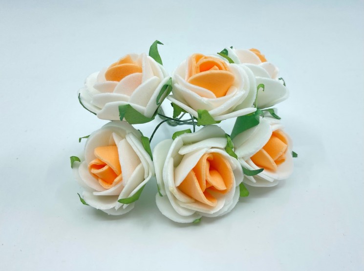 Two-tone foamiran roses "White+orange", size 3.5 cm, 6 pcs