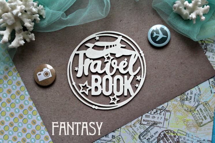 Fantasy chipboard "Travel book inscription in a frame 842" size 9.1*9.1 cm