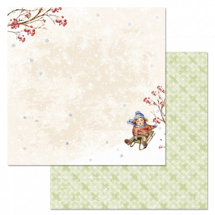 Double-sided sheet of ScrapMania paper "Rosy New Year. On sleds", size 30x30 cm, 180 gr/m2