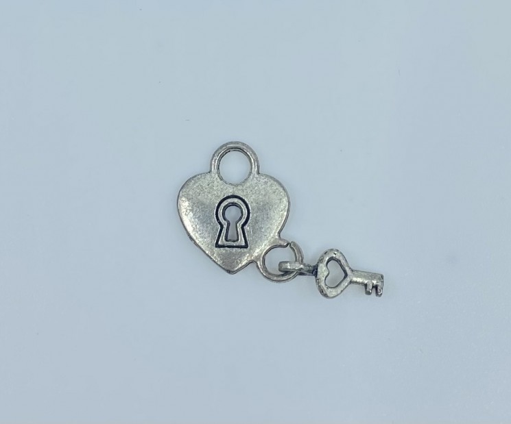 Metal pendant "Heart with a key", antique silver, size 26X15 mm, 1 piece