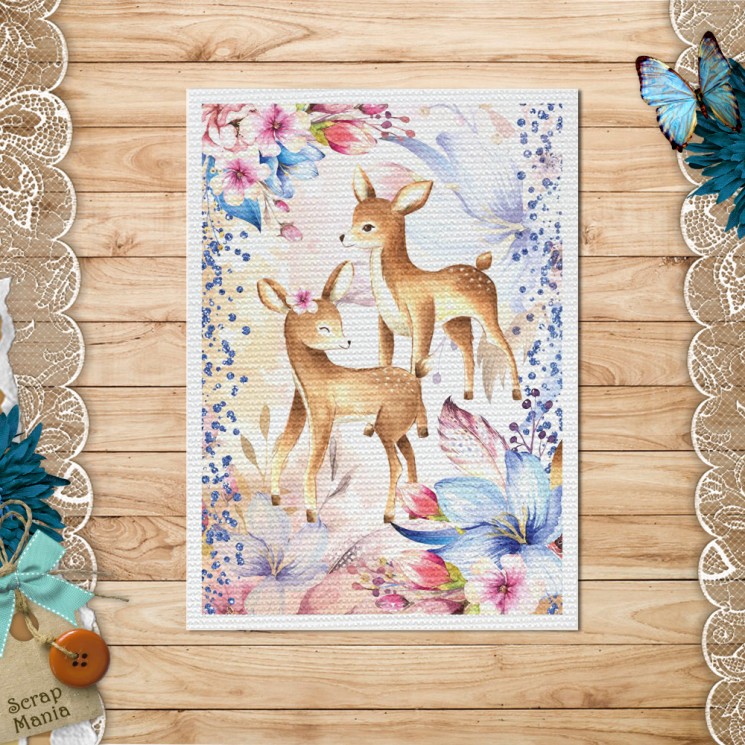 Fabric card "Mother's tenderness. Fawns " size 6.5*9 cm