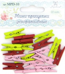 Мини-прищепки декоративные "Рукоделие" (желто-зеленый, красный, розовый), 18 шт