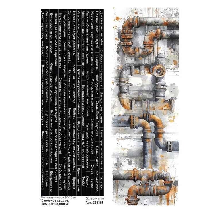 Лист с картинками 10х30 см "Стальное сердце. Темные надписи" (ScrapMania)