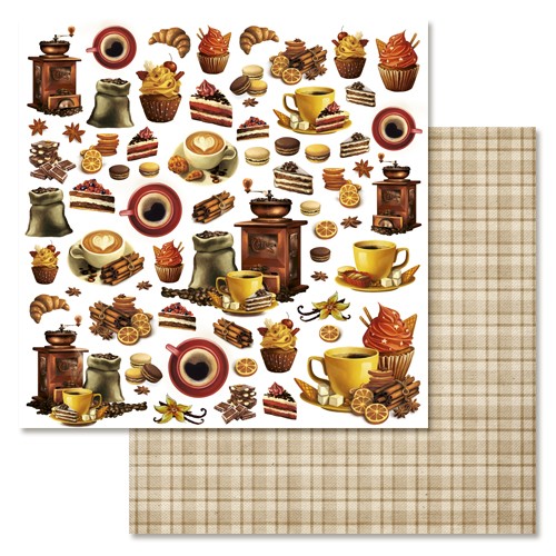 Double-sided sheet of ScrapMania paper "The magic of coffee. Pictures", size 30x30 cm, 180 g/m2