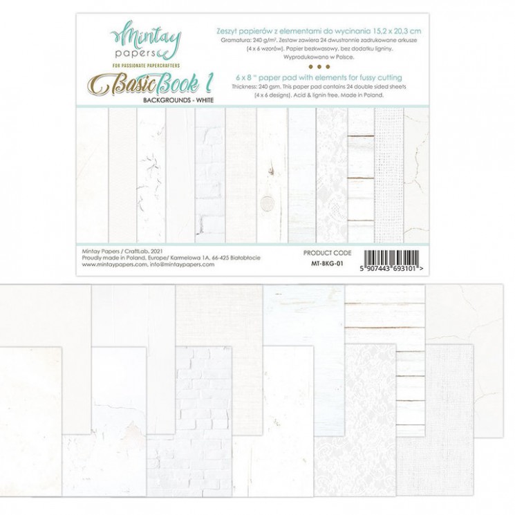 1/4 Set of double-sided Mintay Papers "Basic Book 1", 6 sheets, size 15x20 cm, 240 gr/m2