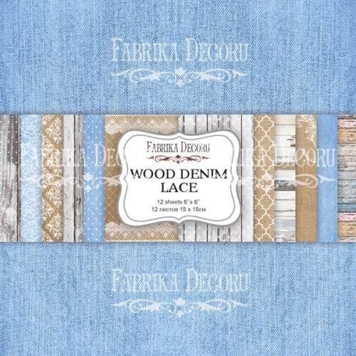 Set of double-sided paper Fabrika Decoru "Wood denim lace" 12 sheets, size 15x15 cm, 200 gr/m2