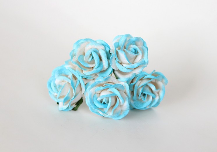 Rose with rounded petals "Turquoise + white" size 4 cm 1 pc