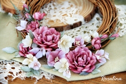 Набор цветов из ткани ручной работы Rosalina "Тайна сердца", 17 цветочков + 7 листочков + 2 веточки розы, размер от 0,5 до 4,5 см