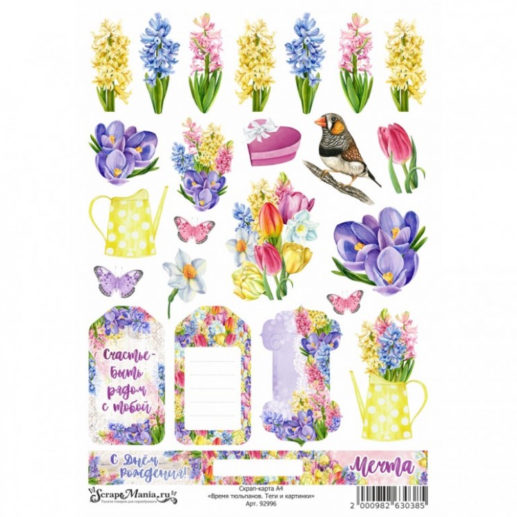 A4 scrap card " Time of tulips. Tags and pictures", density 250 g/m (ScrapMania)