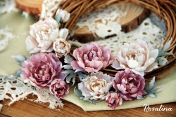 Набор цветов из ткани ручной работы Rosalina "Мамино счастье", 10 цветочков + 6 листочков, размер от 1,5 до 4,5 см