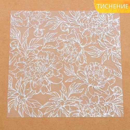 Acetate sheet with silver foil "Silver peonies", size 20X20 cm
