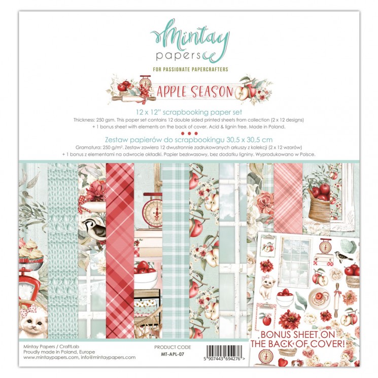 1/2 Set of double-sided Mintay Papers "Apple Season", 6 sheets, size 30.5x30.5 cm, 240 gr/m2