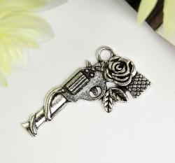 Декор для творчества "Револьвер с розой", серебро, 1,4Х3 см, 1шт